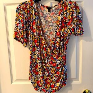 Ann Taylor Floral faux wrap blouse size S